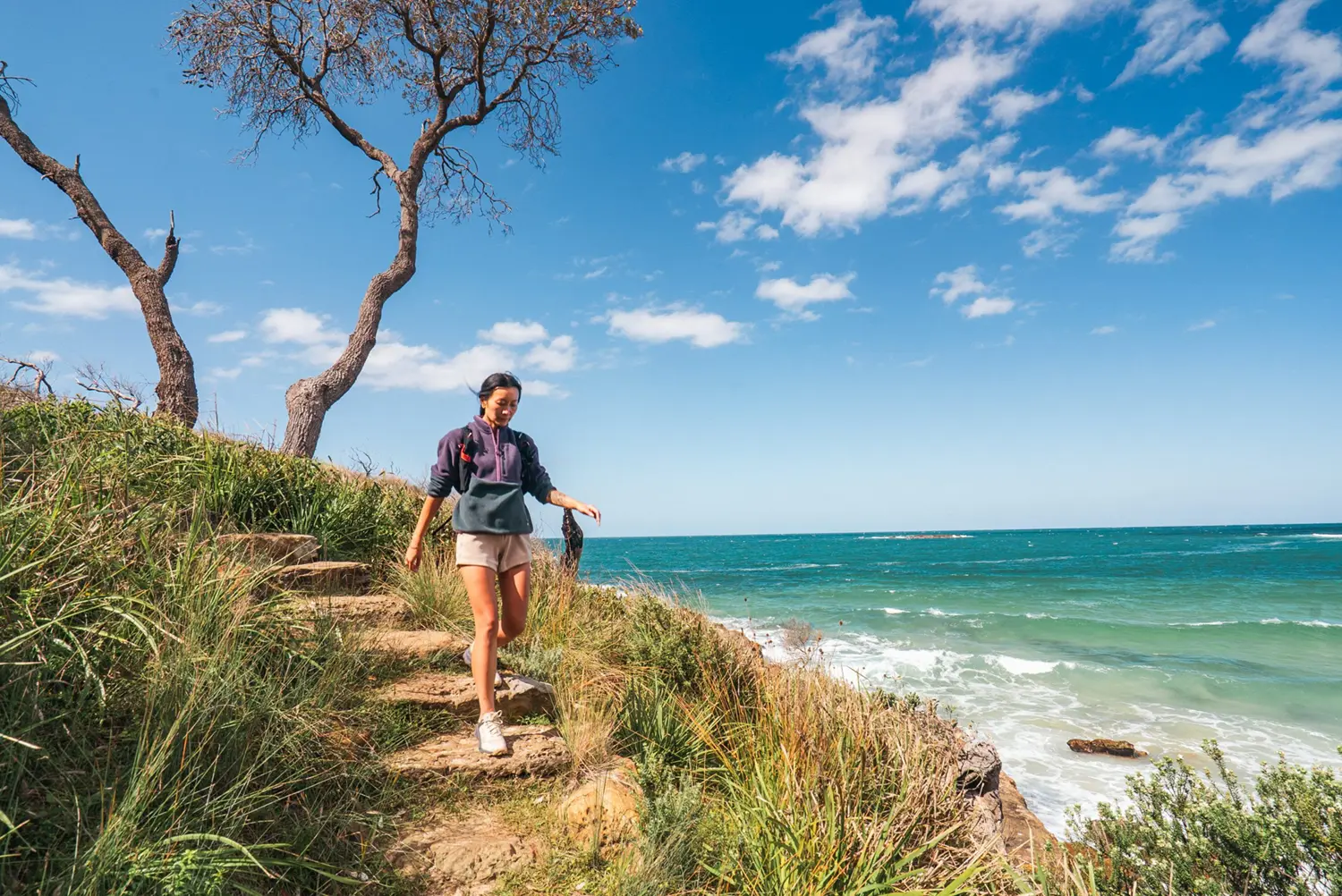 Woman walking down dirt stairs towards the camera. Coastal trail with a single tree behind her, green bushes on either side of the trail and blue green water on the right with whitewash. Blue skies with a few clouds.